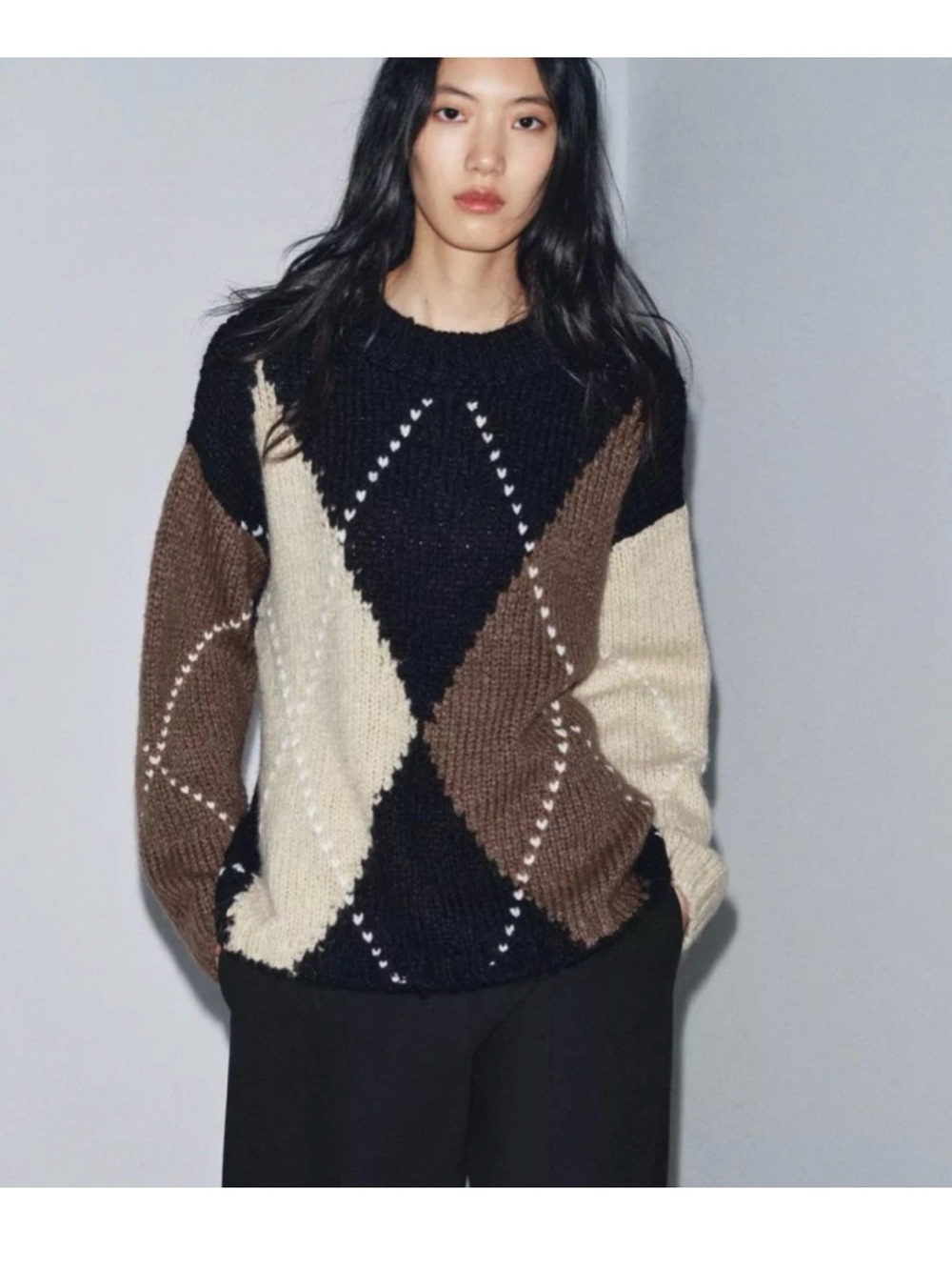 Zara Argyle Crew Sweater in Black, Brown & Cream
